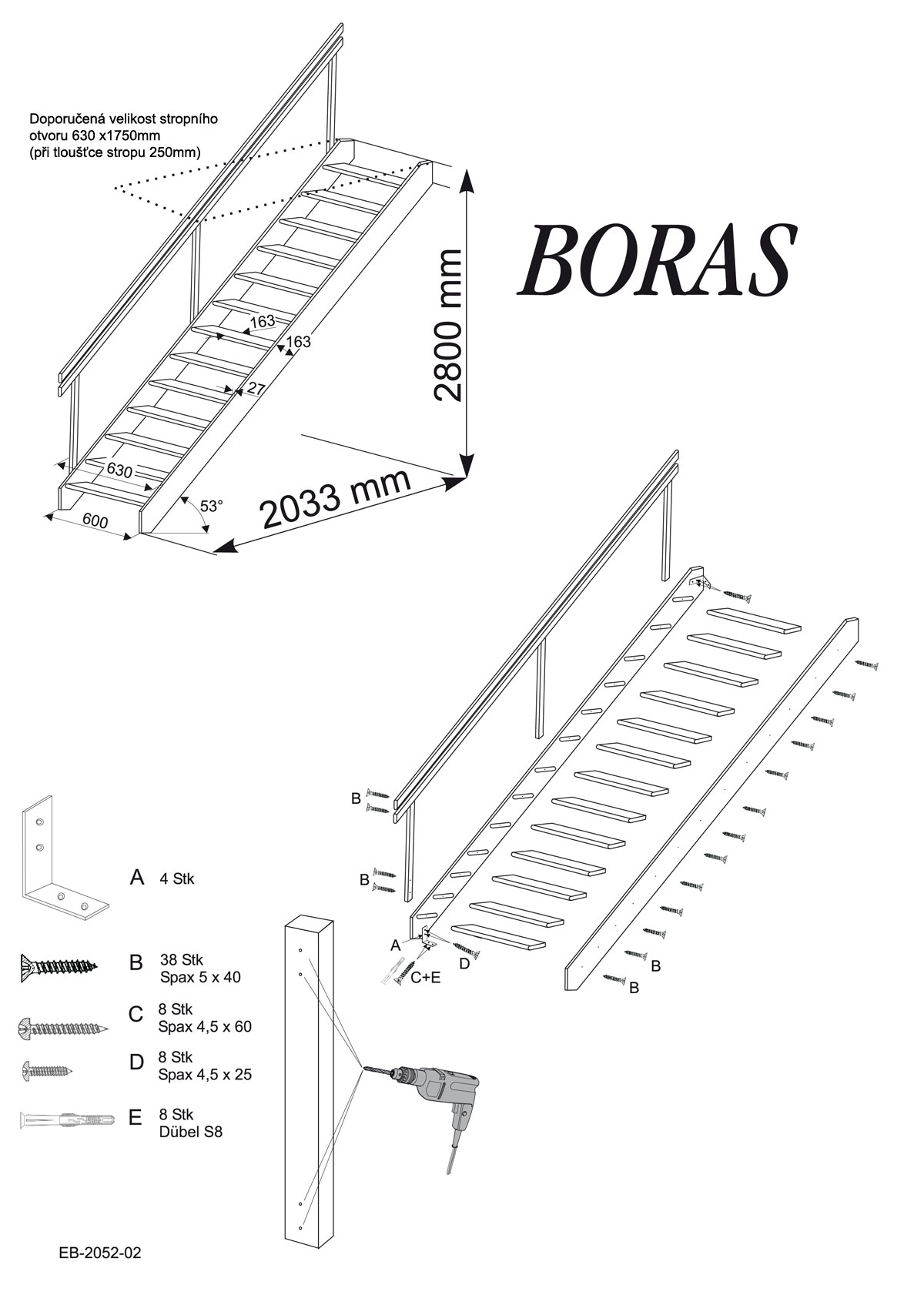 Mlynářské schodiště Egibi Stairs BORAS 280x63 s madlem