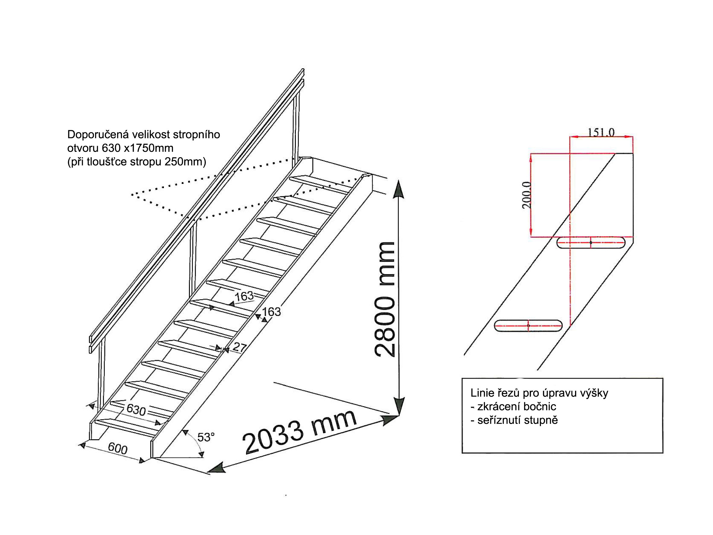 Mlynářské schodiště Egibi Stairs BORAS 280x63 s madlem