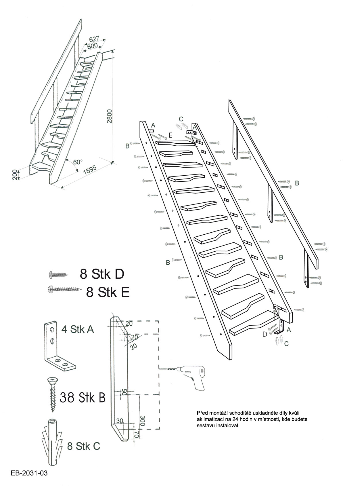 Mlynářské schodiště Egibi Stairs SOFTLINE 280x63 s madlem